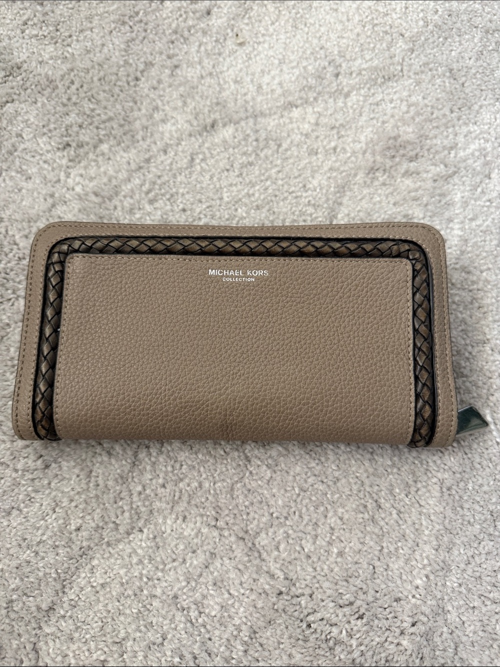 Michael Kors Taupe/Brown Pebbled Leather Zip Wallet with Braided Trim